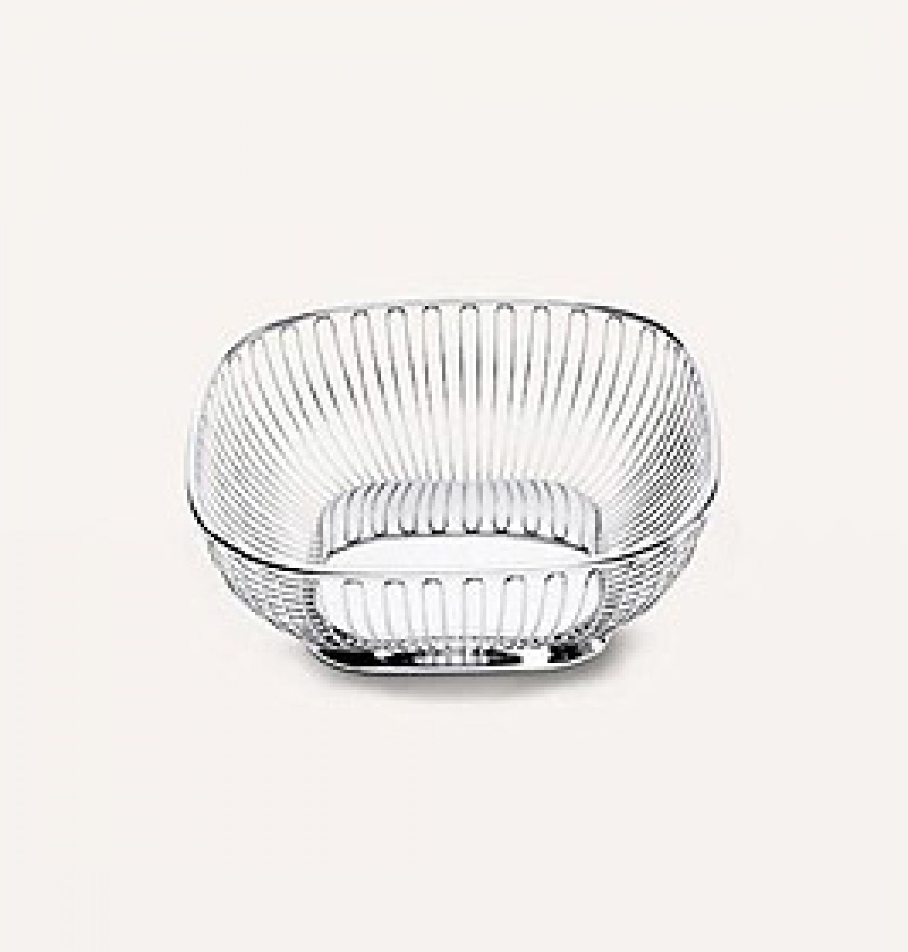 Silberner, viereckiger Drahtkorb von Alessi. Moderner Obstkorb oder Brotkorb aus Metall.