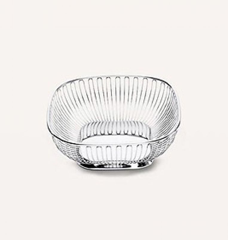 Silberner, viereckiger Drahtkorb von Alessi. Moderner Obstkorb oder Brotkorb aus Metall.