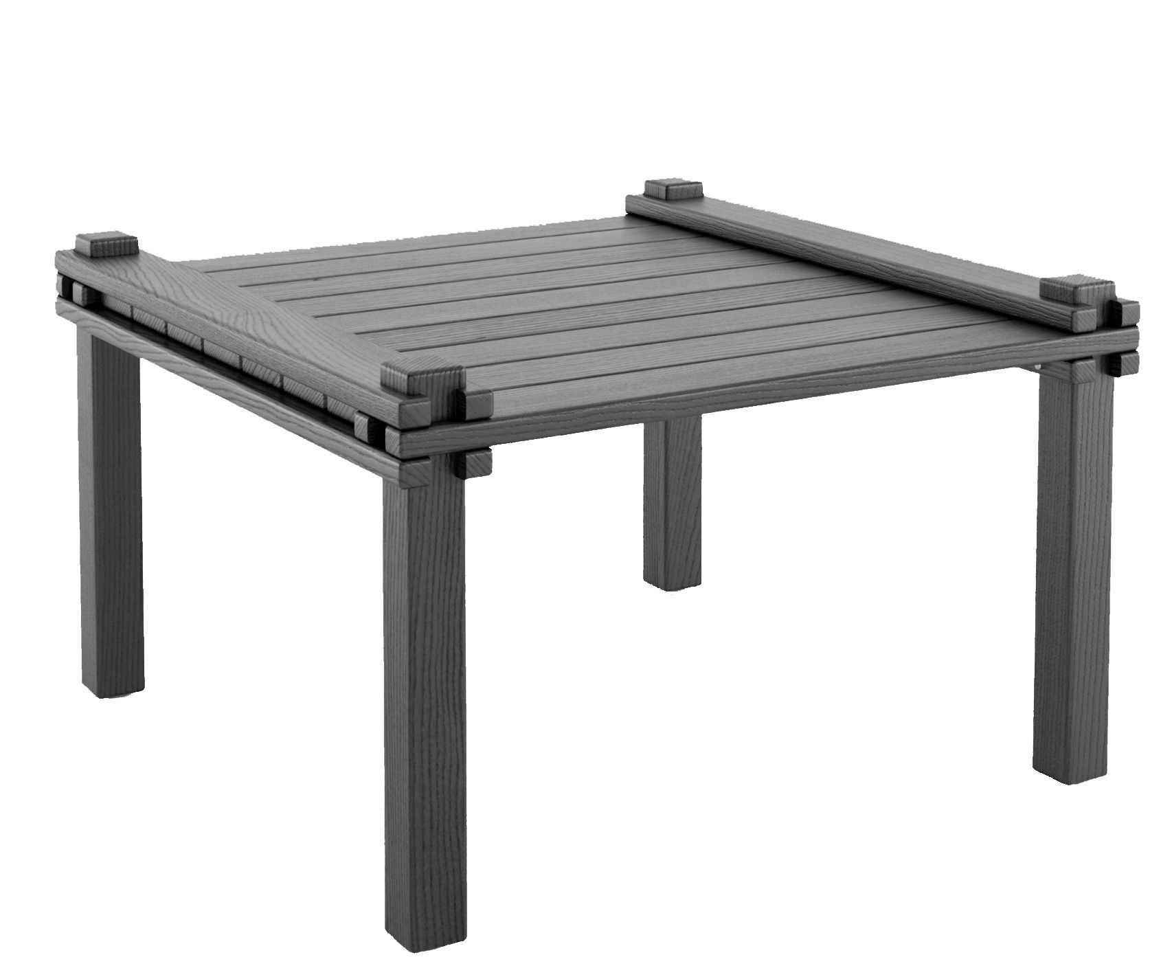 Quadratischer, grauer Farmer Tisch für den Außenbereich mit Lattenstruktur und vier Beinen.