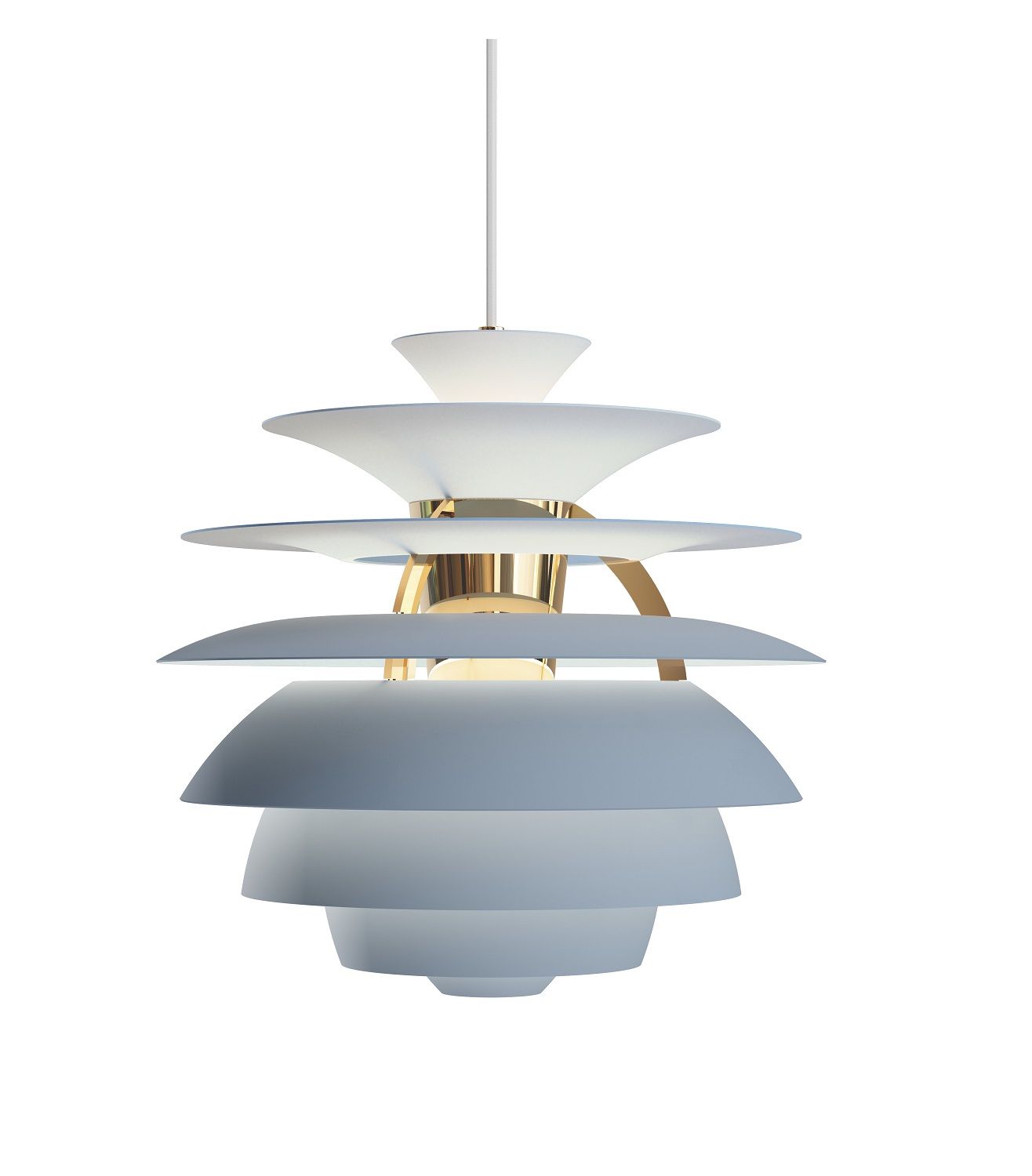 PH Snowball Pendelleuchte Dusty von Louis Poulsen: Moderne Hängeleuchte mit mehreren Schirmen in Grau.