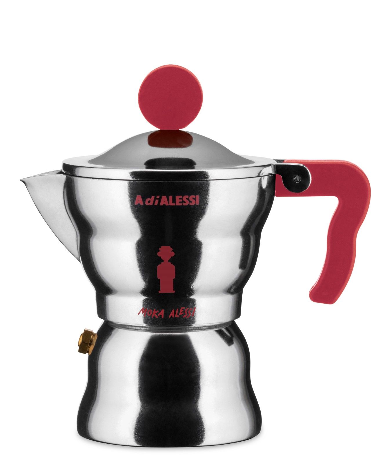 Alessi Moka Espressokocher aus Edelstahl mit rotem Griff und Knopf für köstlichen Espresso.