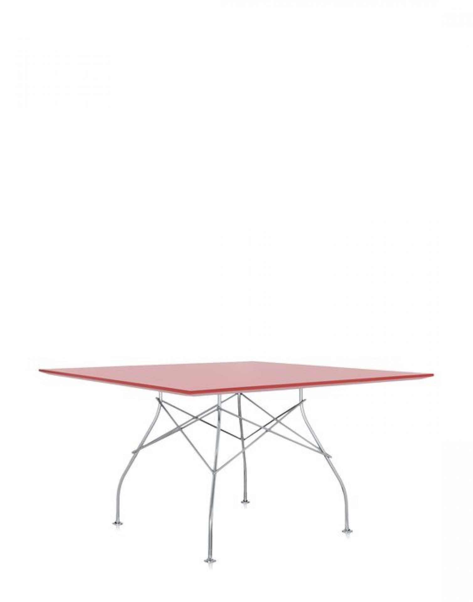 Roter, quadratischer Glossy Tisch von Kartell mit verchromtem, filigranem Untergestell für Esszimmer.