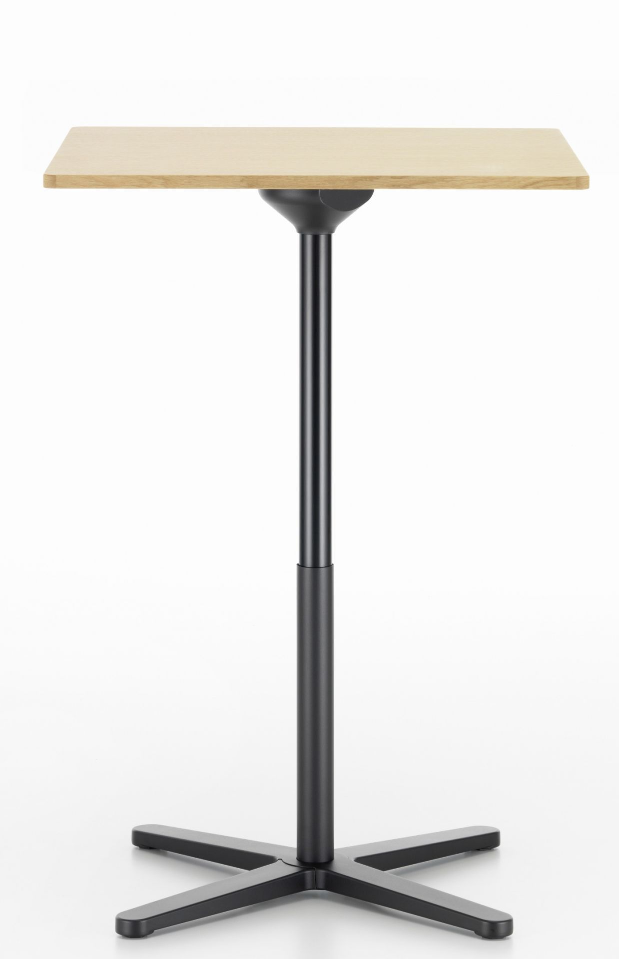 Quadratischer Vitra Stehtisch "Super Fold Table High" mit hellem Holz und schwarzem Fuß.