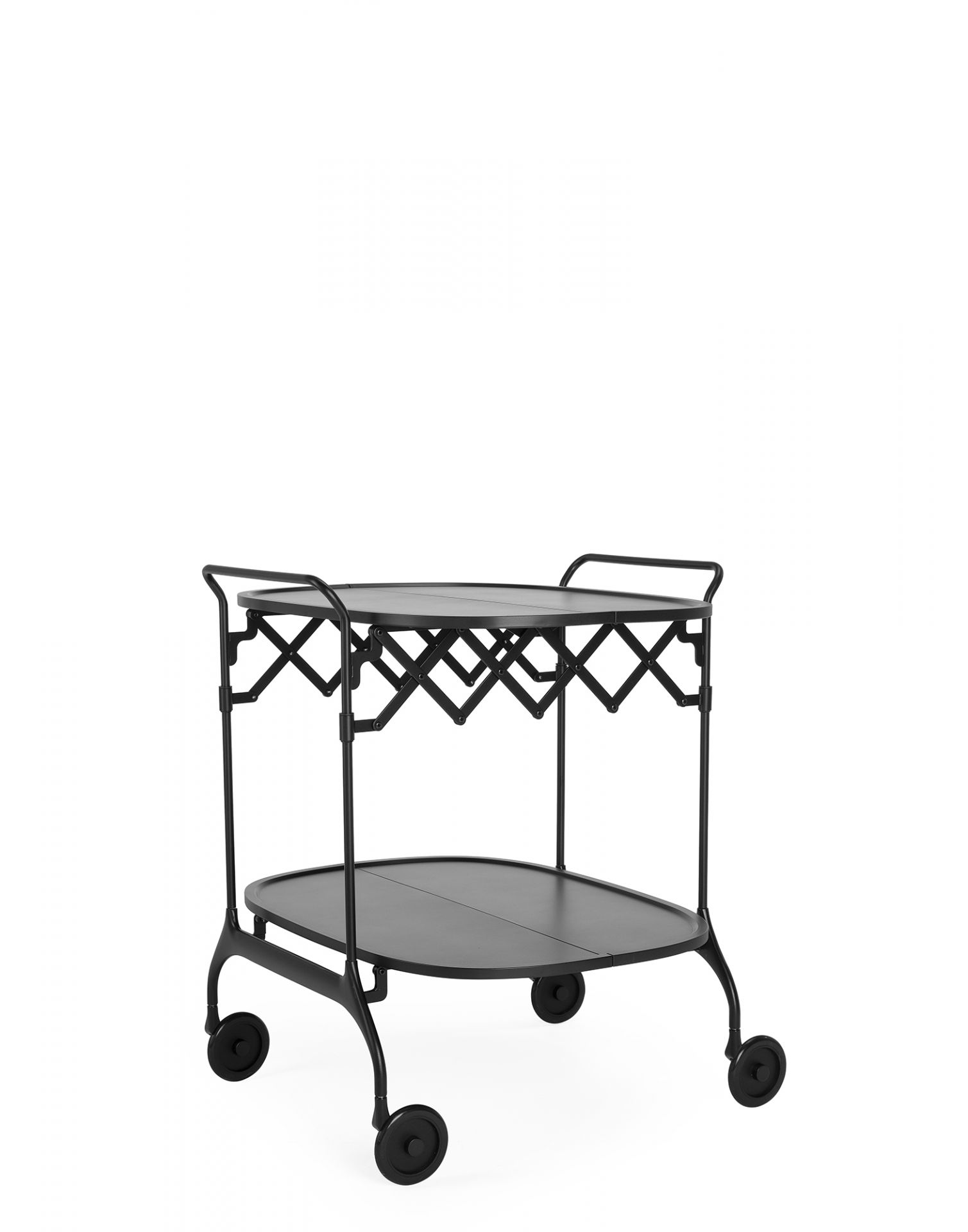Gastone Servierwagen von Kartell, matt schwarz, mit zwei Ablageflächen und Rollen.
