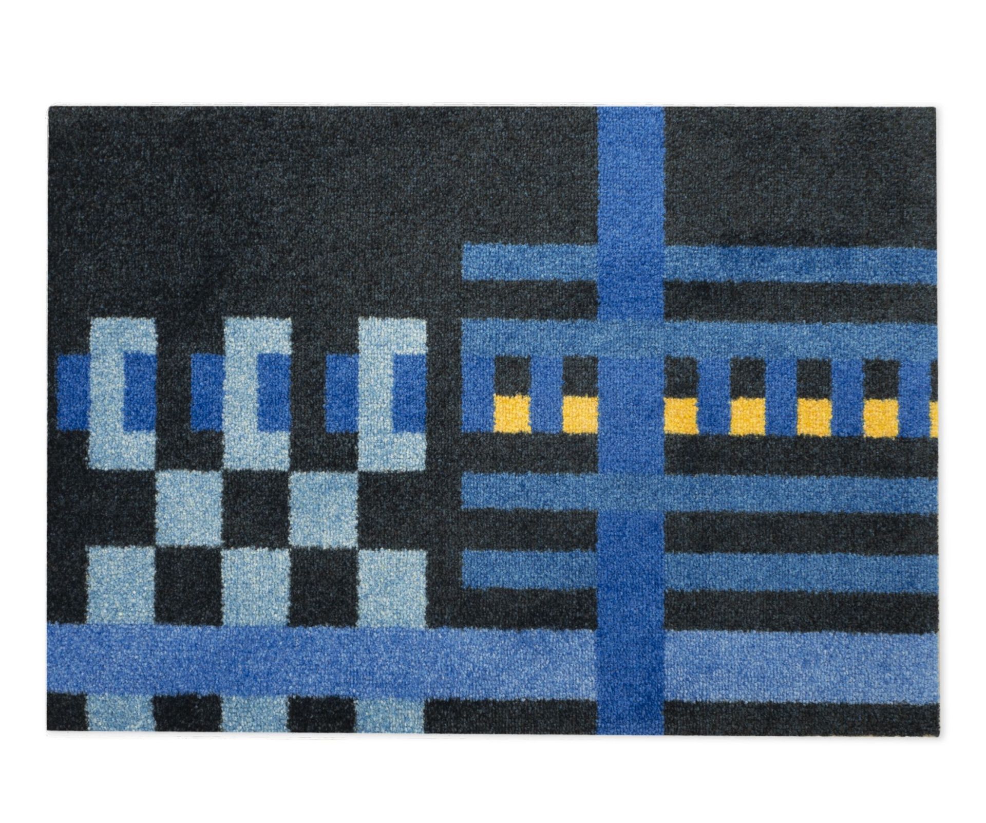 Heymat Loom Fußmatte Bauhaus Blue: Moderne Fußmatte mit blauem, geometrischem Muster.