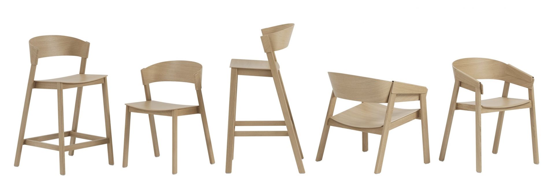 Produktfoto: Muuto Cover Thekenhocker H 65 cm aus hellem Holz in verschiedenen Ansichten.