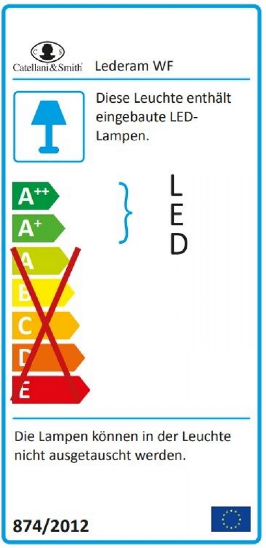 Energieeffizienzlabel der Lederam WF Wandleuchte von Catellani & Smith mit integrierten LEDs.