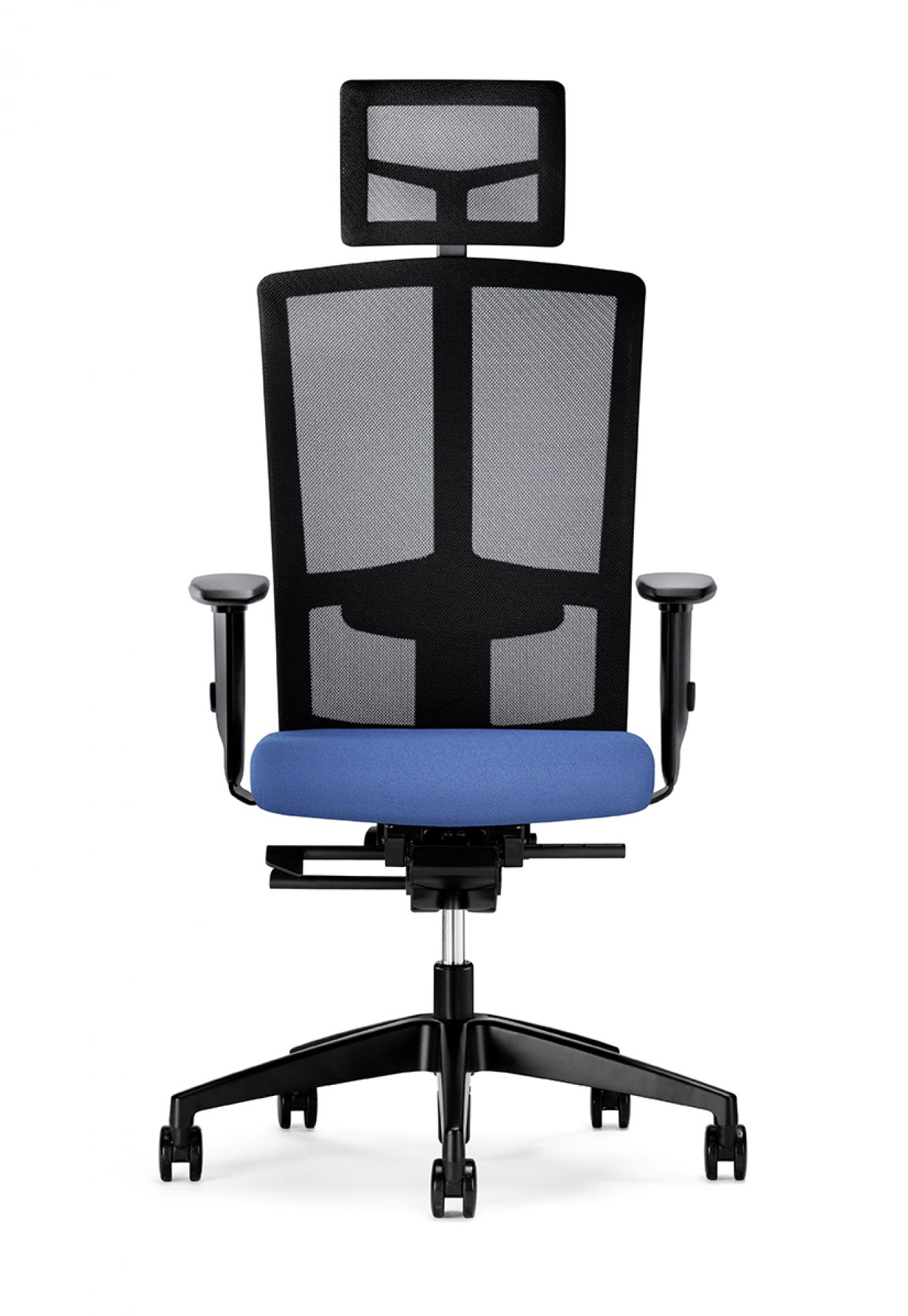 Goal-Air Drehstuhl von Interstuhl mit Netzrücken und blauer Sitzfläche, ergonomischer Bürostuhl.