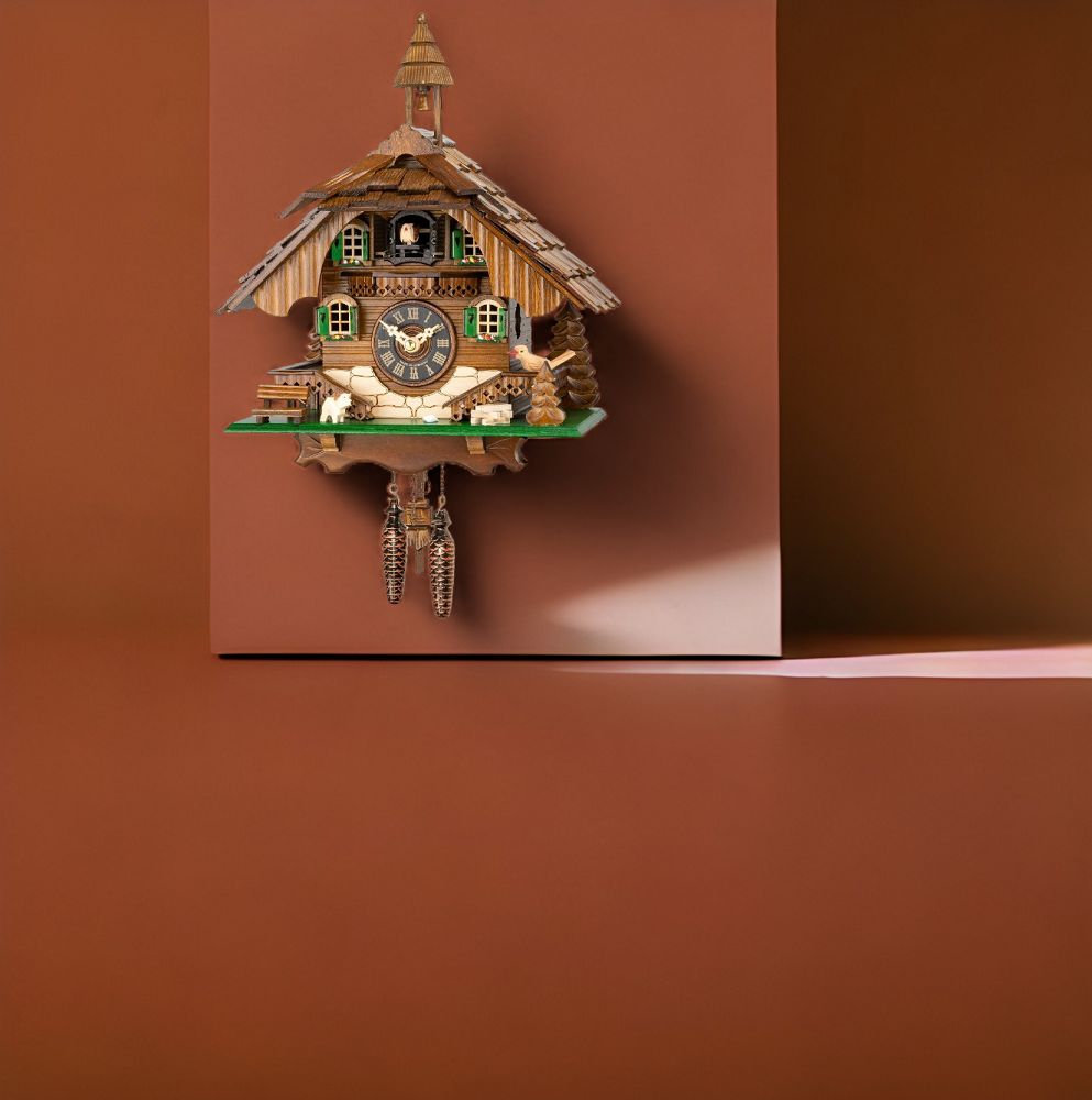 Detailaufnahme einer Quartz Kuckucksuhr im Chalet-Stil mit Pendel und filigranen Holzschnitzereien.