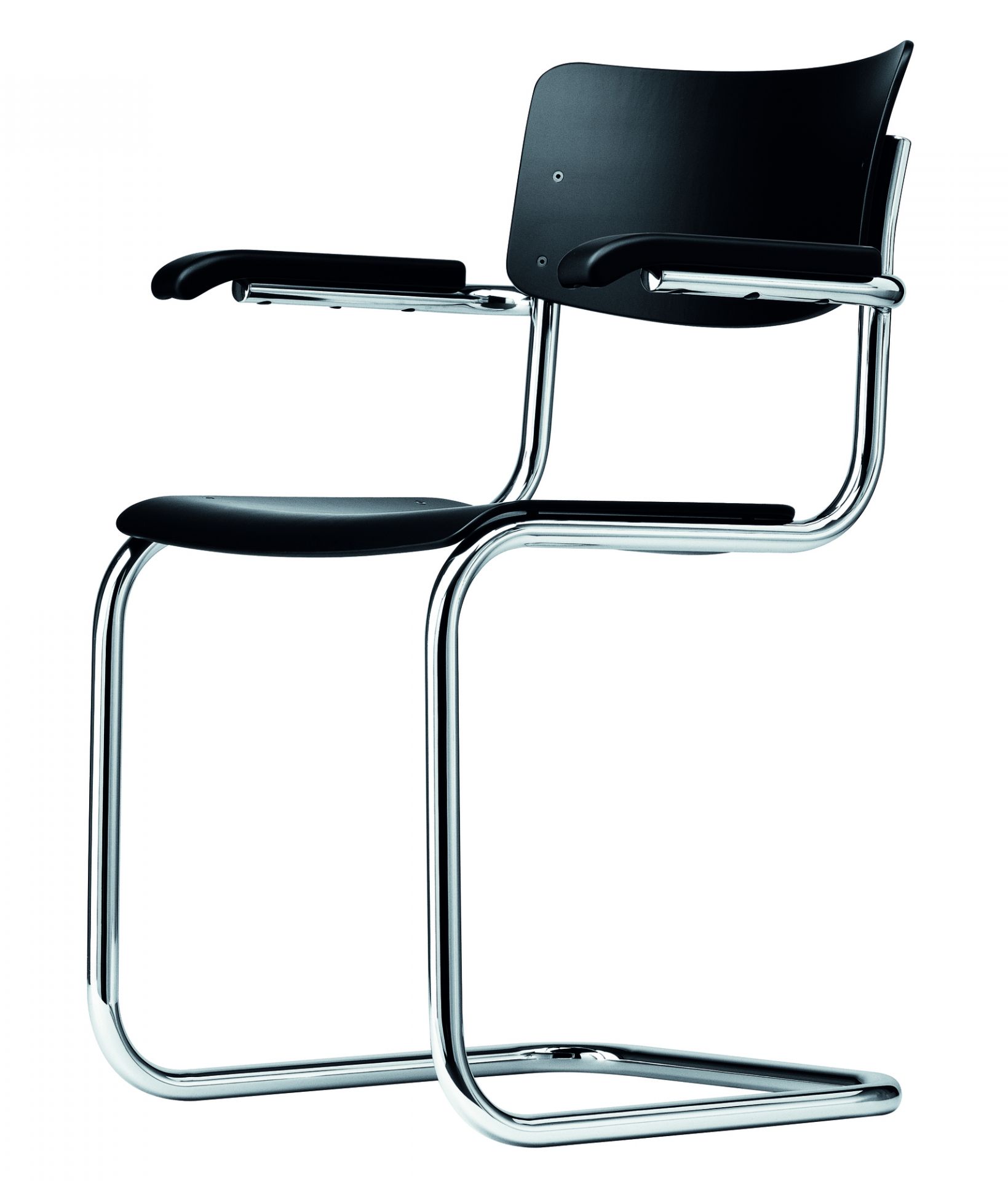 S 43 Freischwinger Stuhl von Thonet mit schwarzer Buche und verchromtem Stahlrohr Gestell.