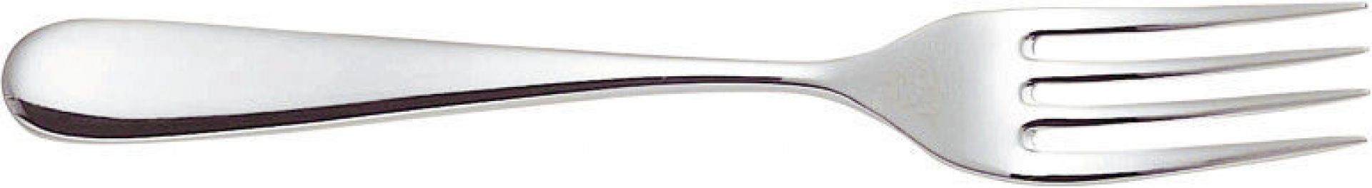Nahaufnahme einer Gabel aus der Alessi Nuovo Milano Besteckgarnitur, Edelstahl, elegantes Design.