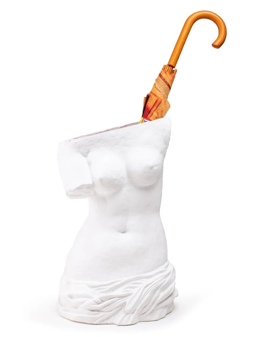 Weißer Milo Schirmständer von Seletti in Form einer weiblichen Büste mit Schirm.