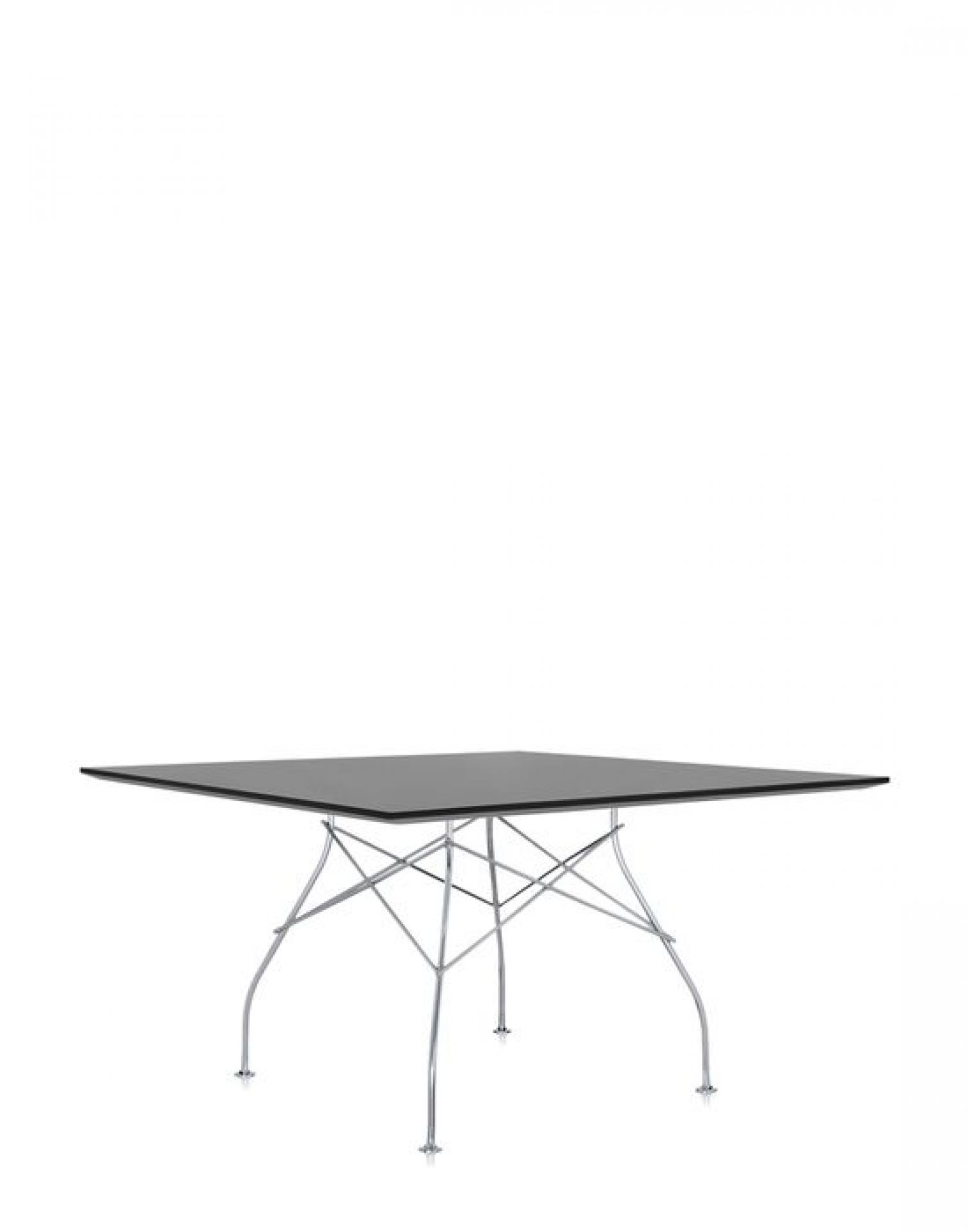 Quadratischer Glossy Tisch von Kartell mit glänzender, schwarzer Tischplatte und verchromtem Gestell.