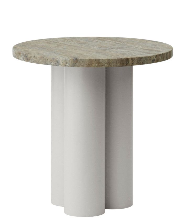 Dit Coffee Table von Normann Copenhagen: Runder Beistelltisch mit Marmorplatte und drei weißen Beinen.