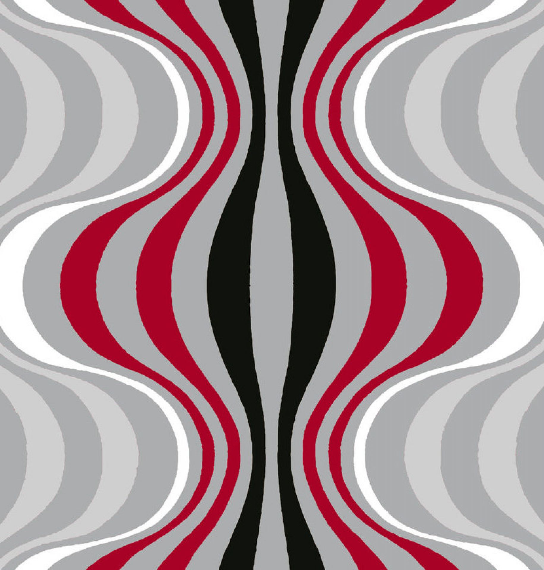 Verner Panton VP Onion 4 Tapete mit abstraktem, wellenförmigem Muster in Rot, Schwarz, Weiß und Grau.