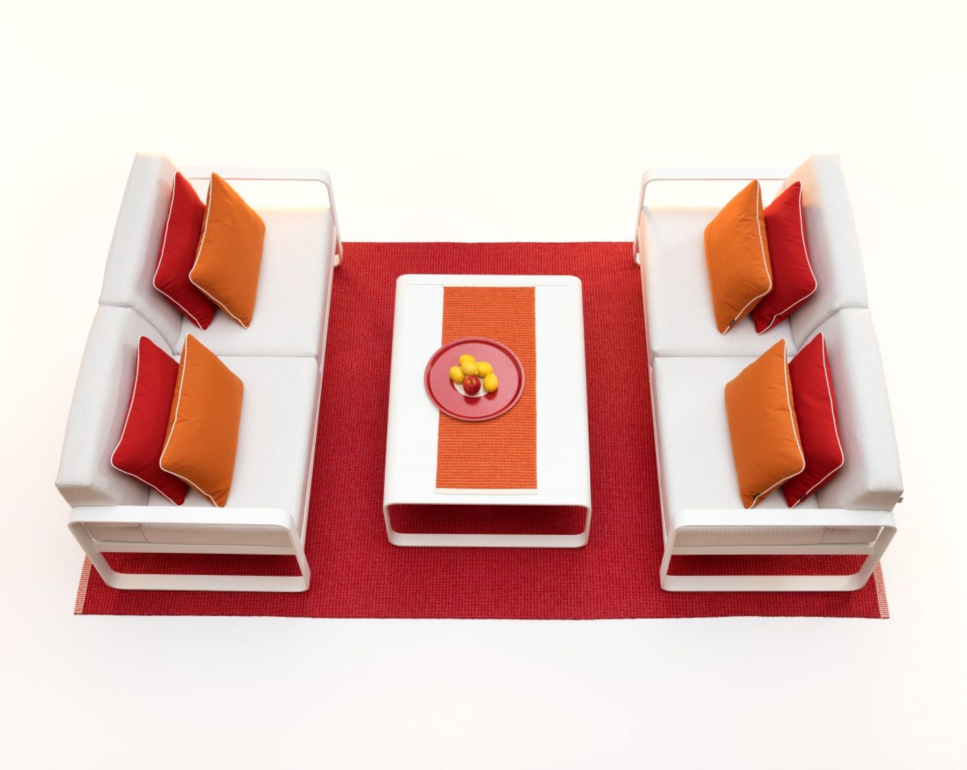 Dunkelroter Pappelina Teppich (230x320 cm) aus Kunststoff unter Sitzgruppe mit Sofas und Tisch.