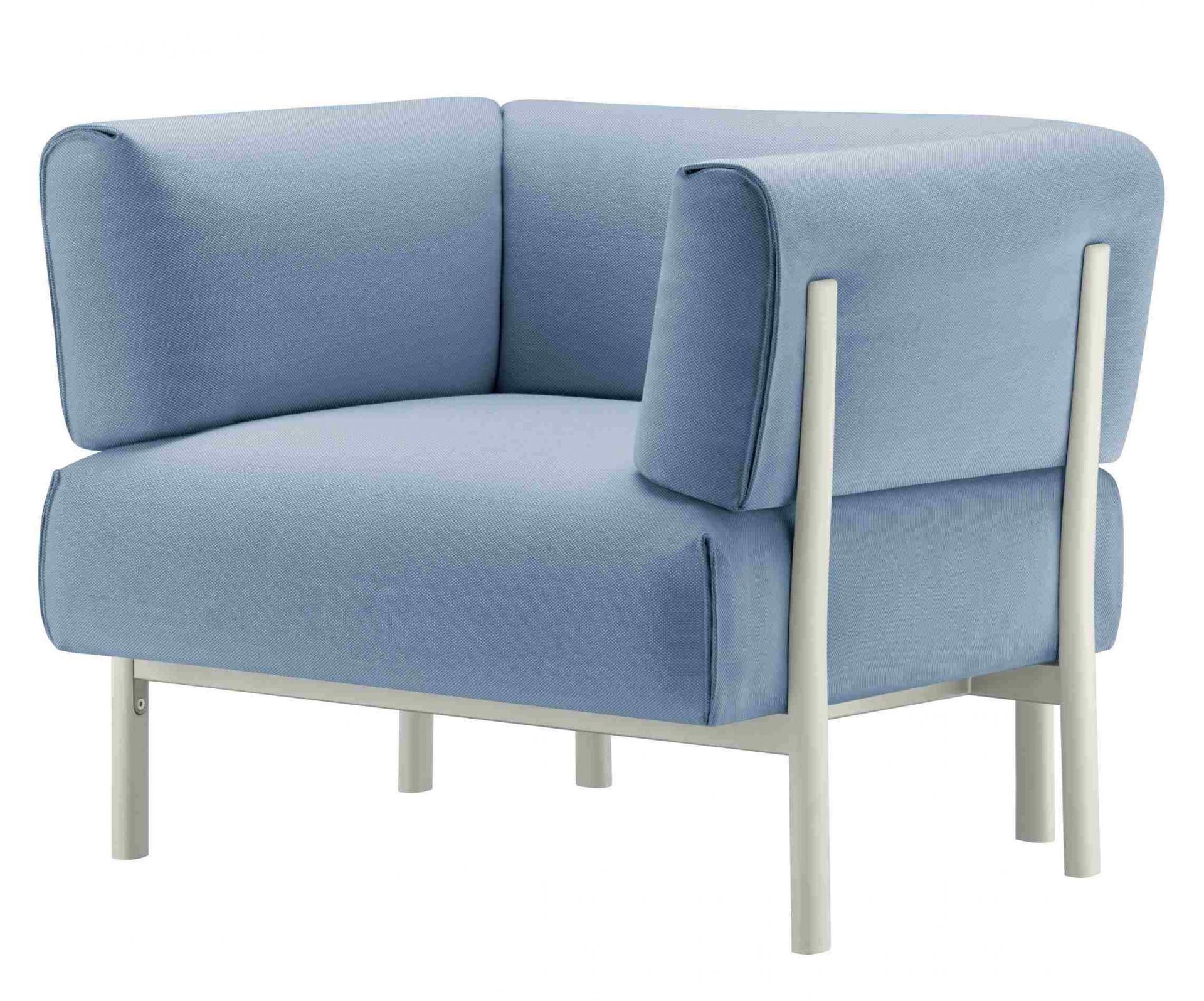 Blauer Eleven Sessel mit Stoffbezug und hellem Metallgestell, moderner Design Sessel für Wohnzimmer.