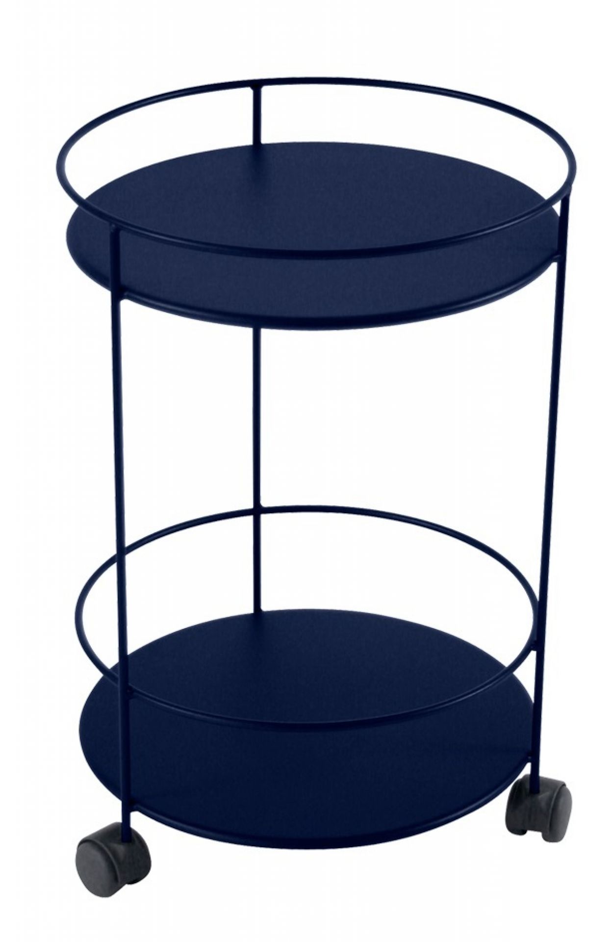 Blauer Guinguette Beistelltisch von Fermob auf Rollen, ideal für den Outdoor-Bereich.