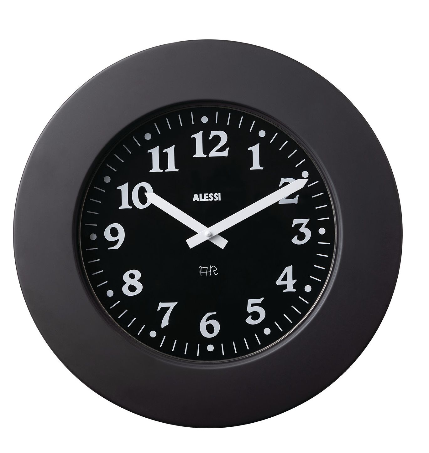 Schwarze Momento Wanduhr von Alessi mit klarem Ziffernblatt und weißen Zeigern. Moderne Wanddekoration.