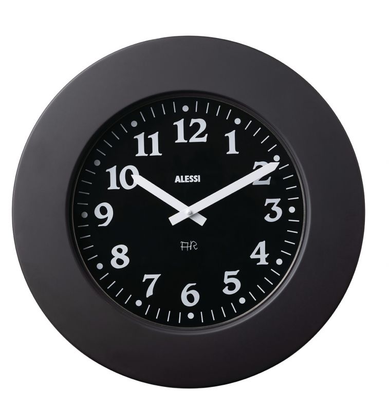 Schwarze Momento Wanduhr von Alessi mit klarem Ziffernblatt und weißen Zeigern. Moderne Wanddekoration.