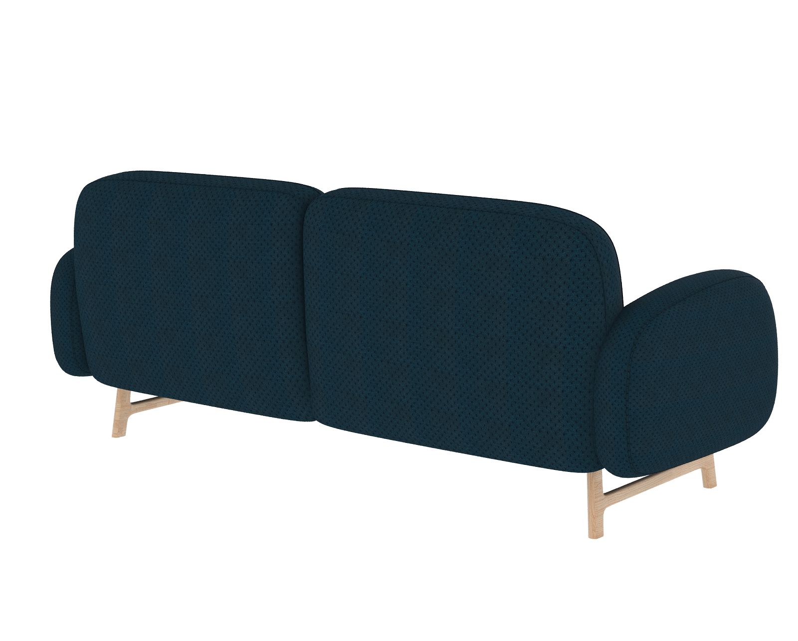 Rückansicht des blauen Auguste Sofas mit Holzbeinen, modernes Design für Wohnzimmer.