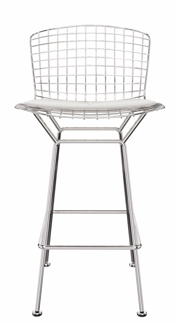 Bertoia Barhocker von Knoll International mit verchromtem Drahtgestell und weißem Sitzpolster. Moderner Design Barstuhl.