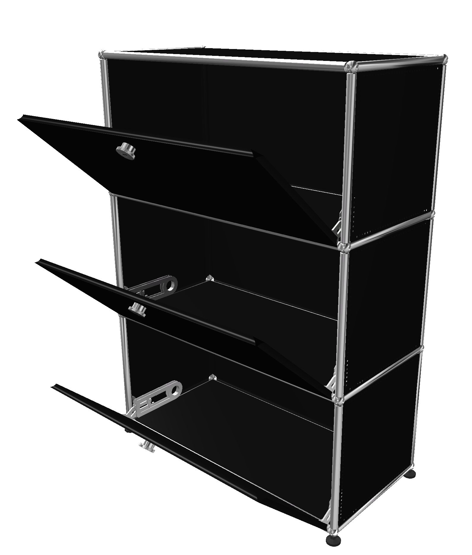 USM Haller Highboard in Graphitschwarz mit drei geöffneten Klappen, modernes modulares Designmöbel für Wohnen und Büro.