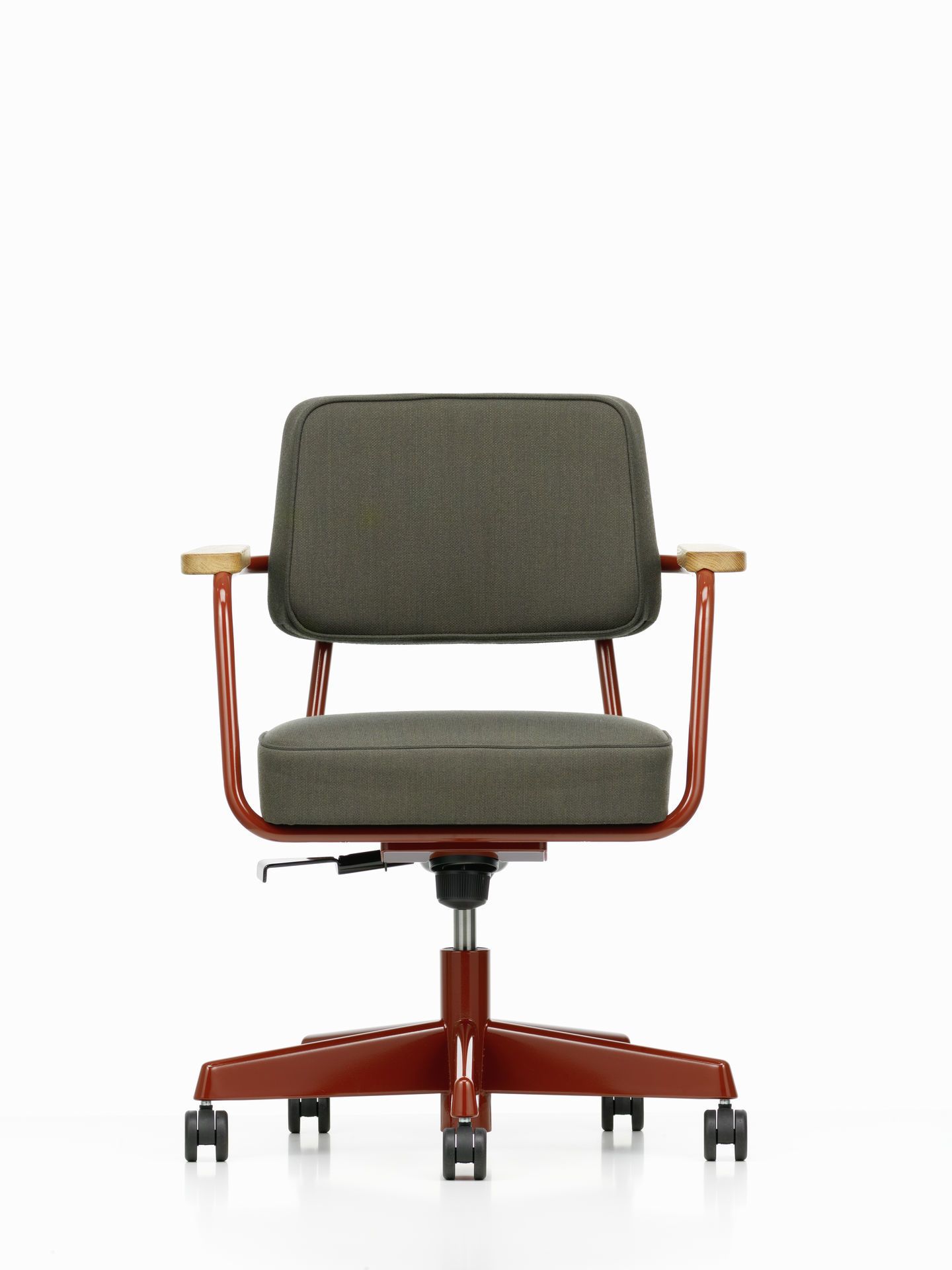 Fauteuil Direction Pivotant Bürodrehstuhl von Vitra: Frontansicht des ergonomischen Drehstuhls mit braunem Gestell und grauer Polsterung.