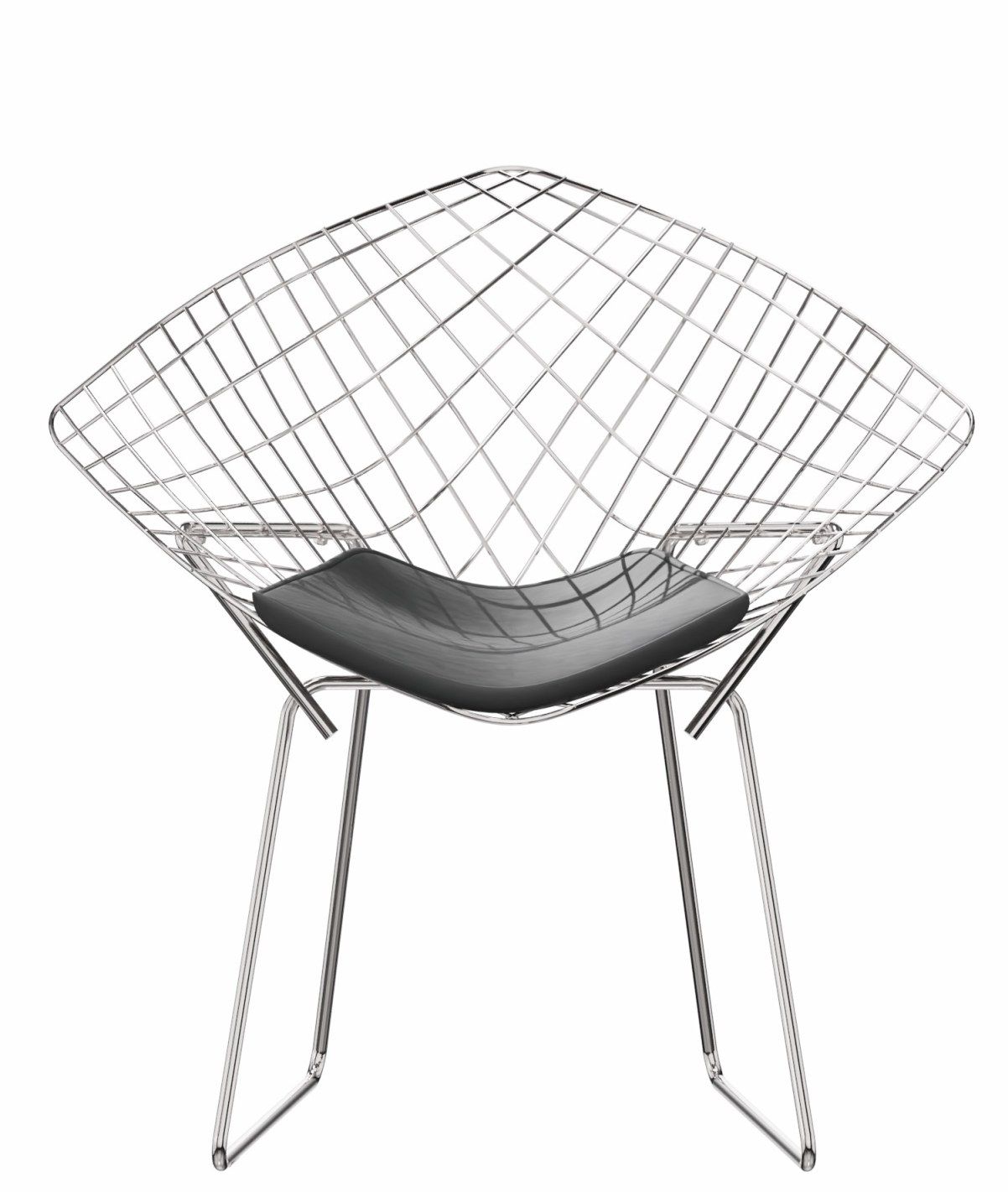 Diamond Sessel von Knoll International mit schwarzem Sitzkissen und verchromtem Drahtgestell. Designklassiker.