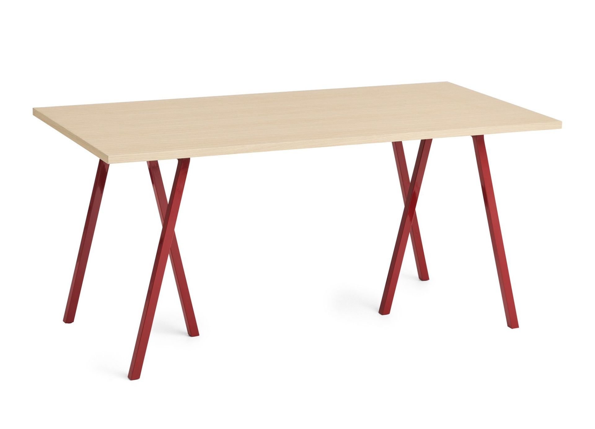 Heller Hay Loop Stand Tisch mit rotem Gestell, ideal als Esstisch oder Schreibtisch.