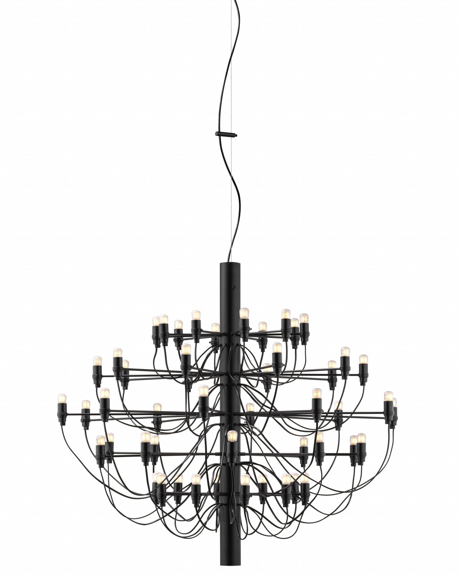 Schwarzer Flos 2097 Kronleuchter mit 50 mattierten Glühbirnen, moderne Deckenleuchte für stilvolle Innenräume.