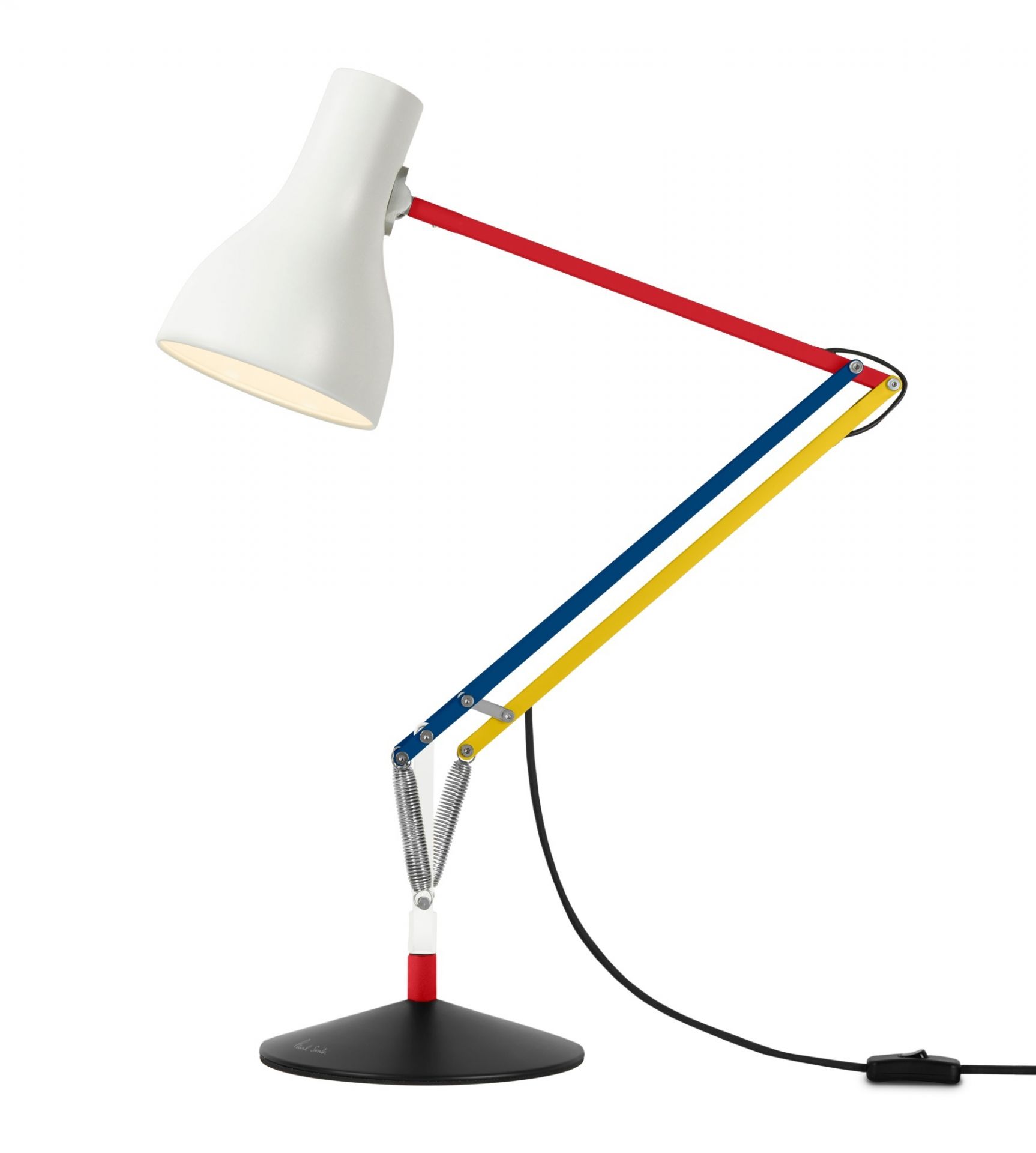 Anglepoise Type 75 Paul Smith Edition 3 Tischleuchte mit verstellbarem Arm in Weiß, Rot, Blau und Gelb.