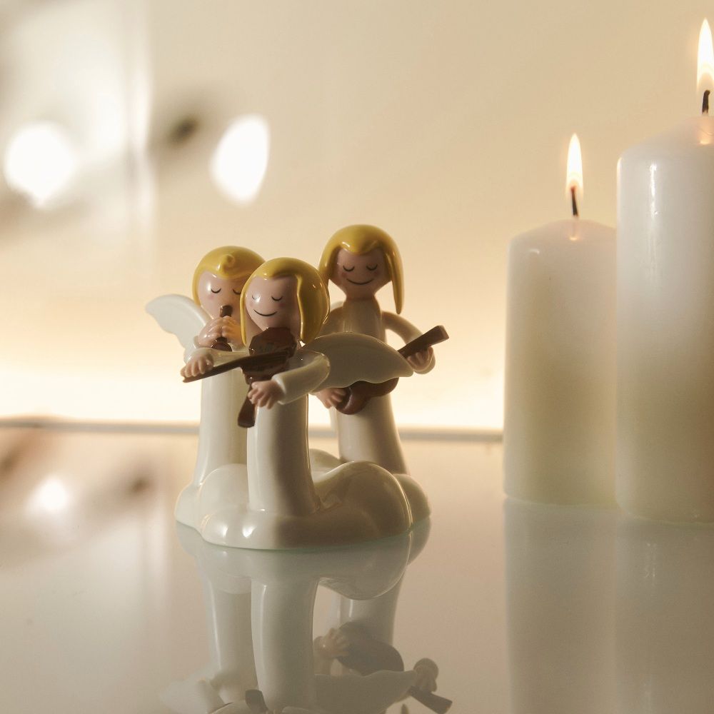 Alessi Happy Eternity Baby Engel Do Re Mi AGJ01, musizierende Weihnachtsdeko Figur mit Kerzen.