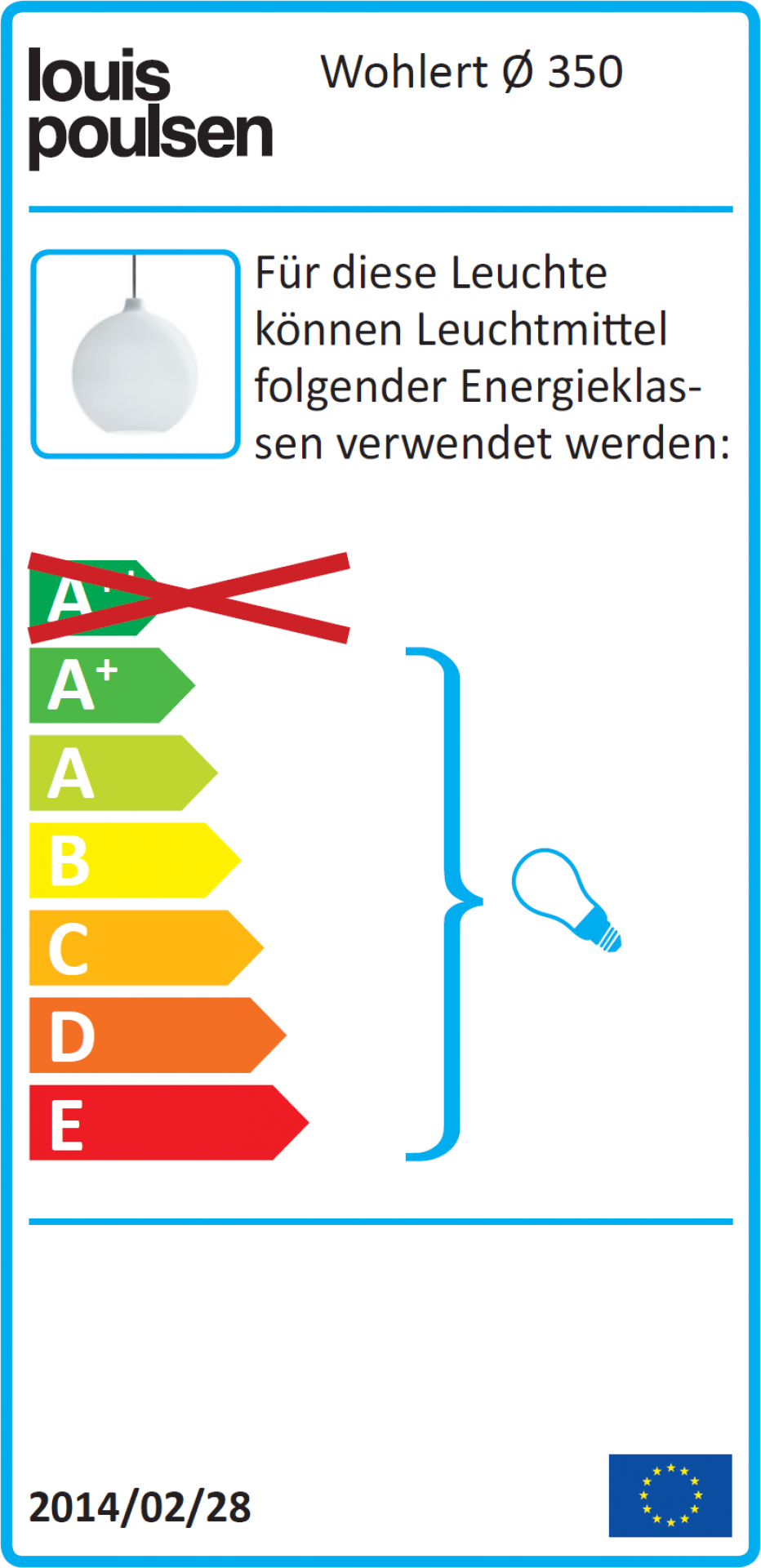 Energielabel der Louis Poulsen Wohlert Pendelleuchte Ø 350 mit Energieeffizienzklassen und Hinweisen zu Leuchtmitteln.