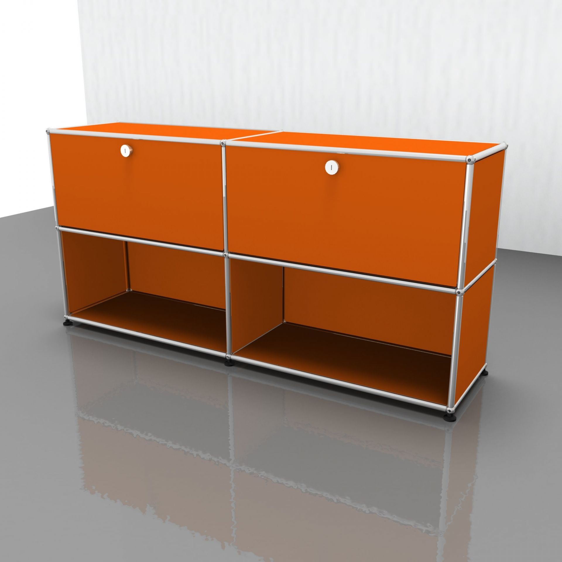USM Haller Sideboard in Reinorange mit zwei Klappen, modernes Designmöbel für Wohnzimmer und Büro.