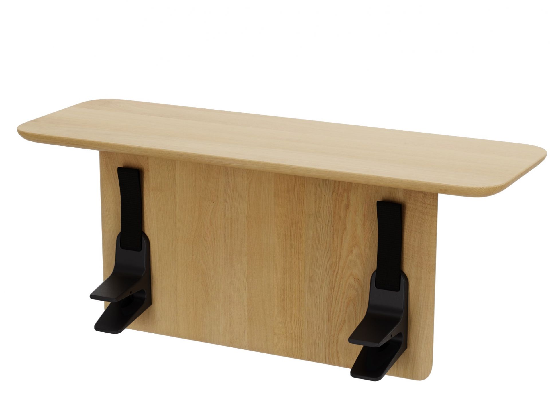 Vitra Anagram Anstecktisch aus hellem Holz mit schwarzen Halterungen für flexible Bürolösungen.