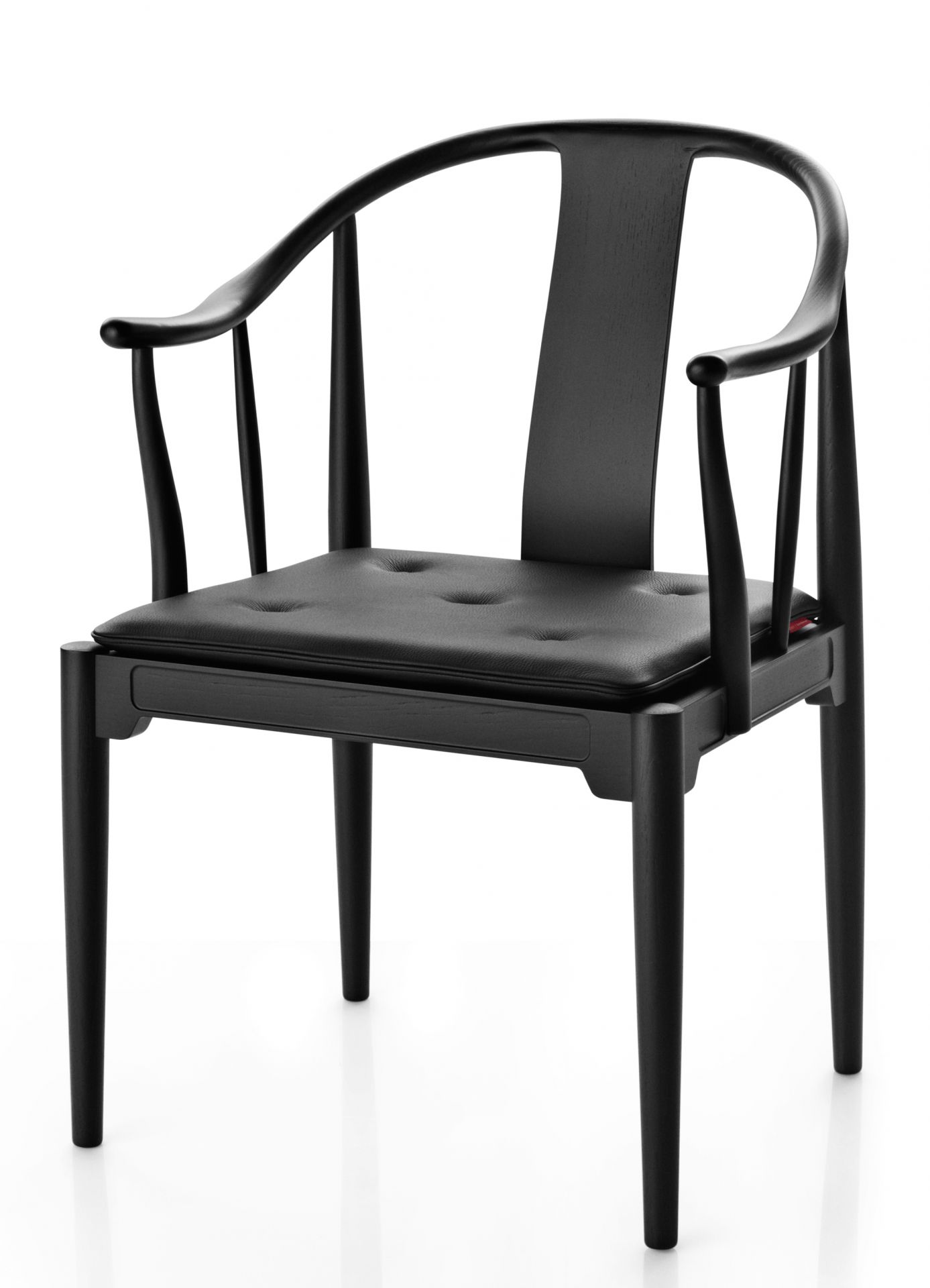 Schwarzer China Chair Stuhl von Fritz Hansen mit Lederpolsterung, skandinavisches Designmöbel für Esszimmer und Wohnbereich.