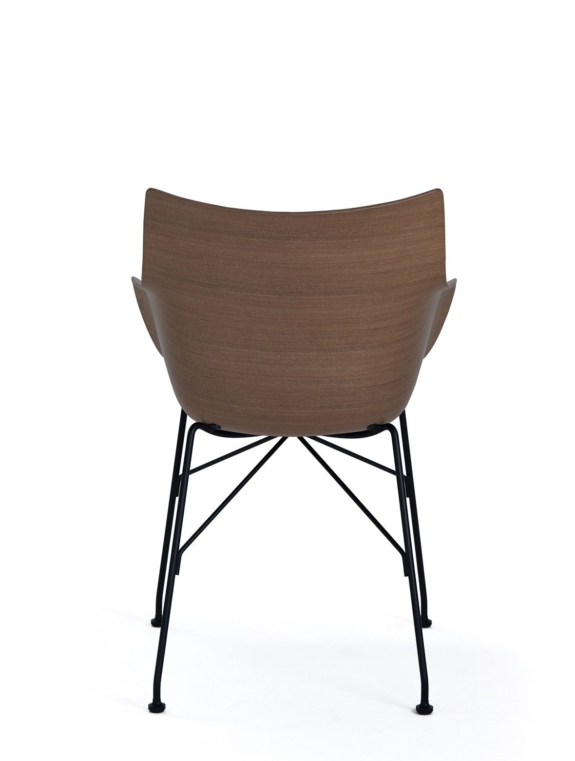 Rückansicht des Q/WOOD Stuhls von Kartell mit Holzoptik und schwarzem Metallgestell.