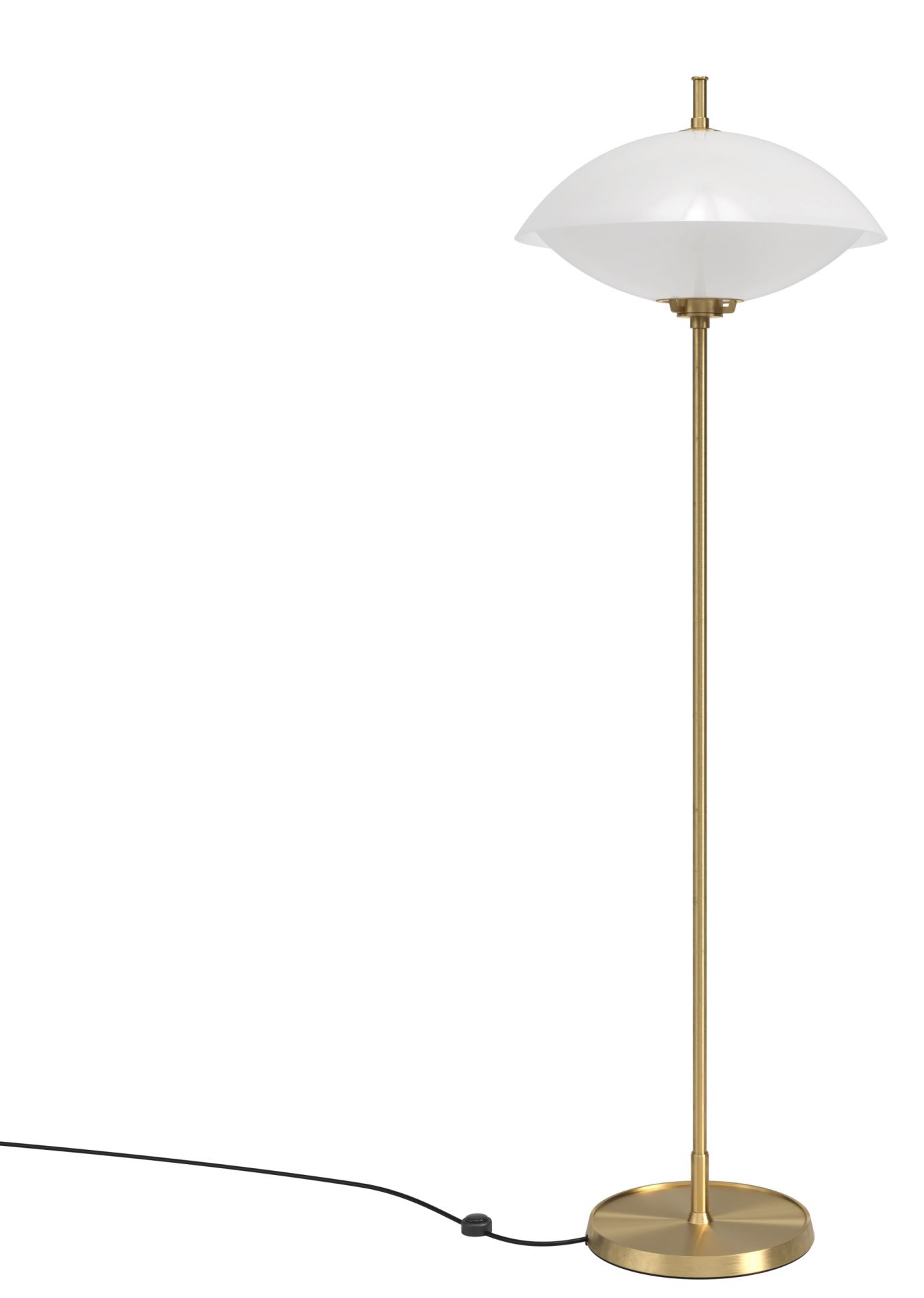 Clam Stehleuchte von Fritz Hansen: Moderne Stehlampe mit weißem Schirm und goldenem Gestell.