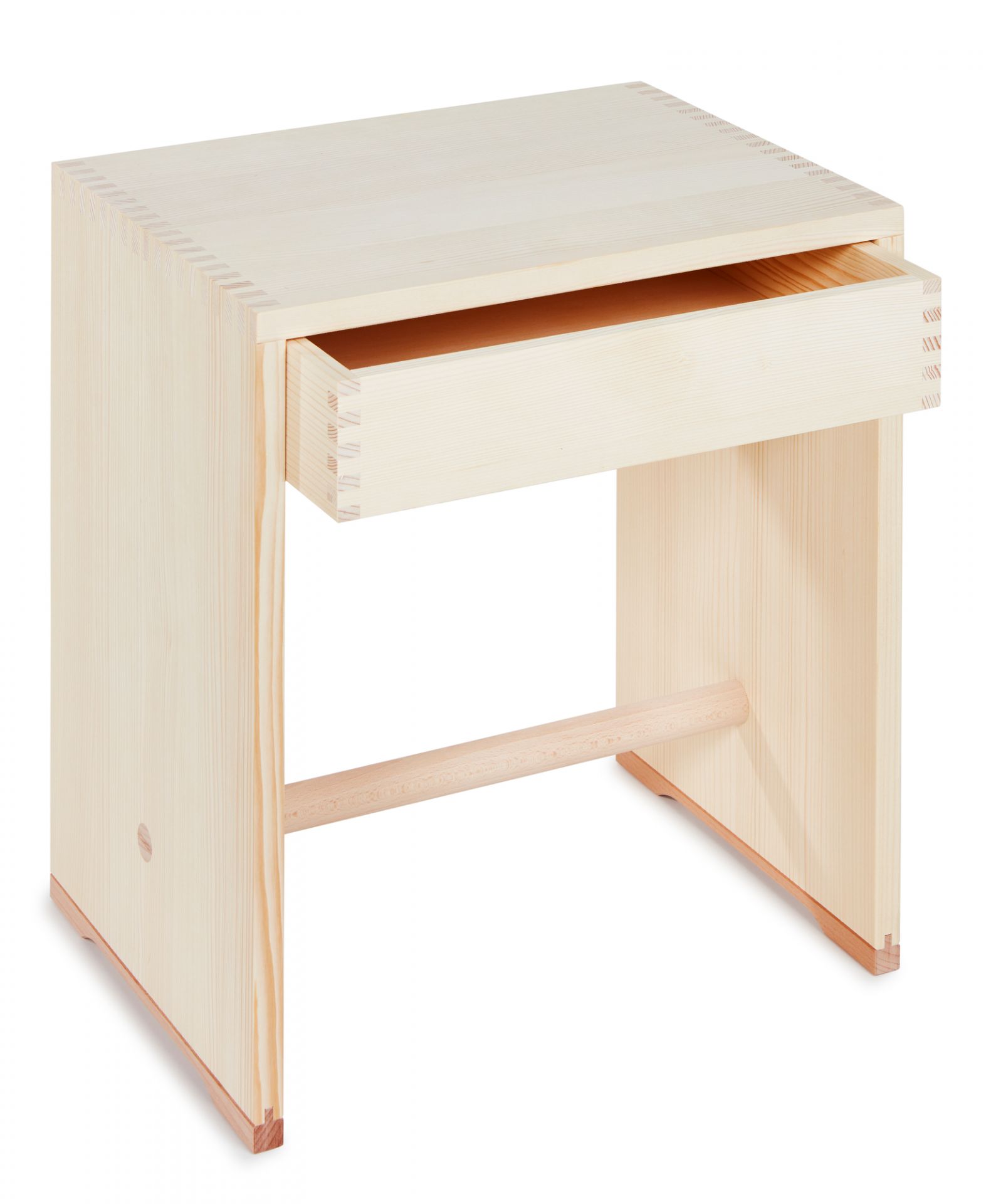 Ulmer Hocker mit Schublade aus hellem Naturholz, vielseitig einsetzbar als Sitzgelegenheit oder Beistelltisch.