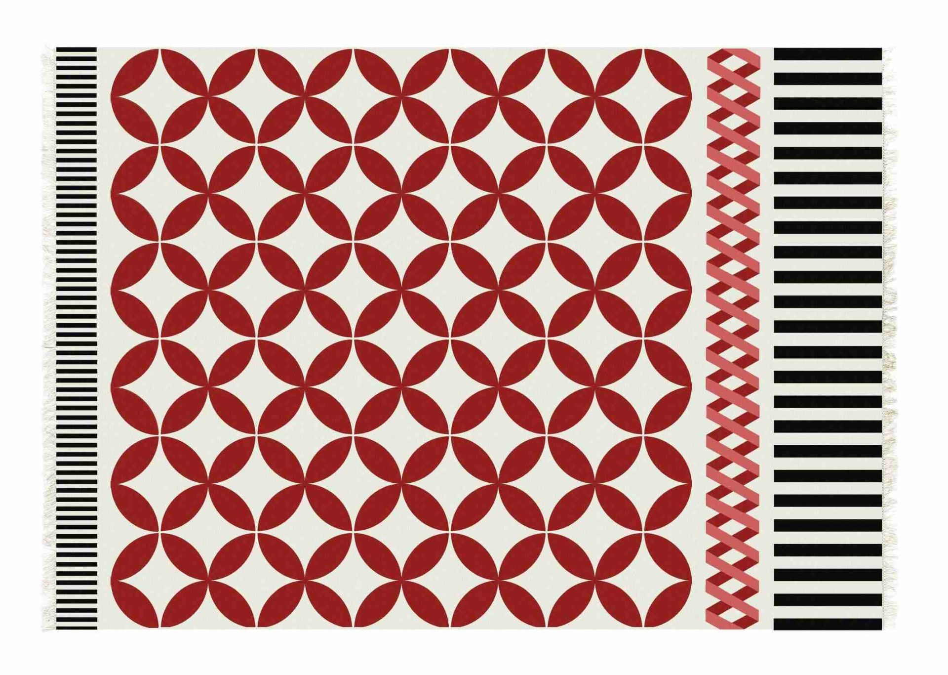 Kilim Catania Teppich mit rotem Blütenmuster, schwarzen Streifen und dekorativem Zopfband. Moderner Teppich für Wohnzimmer.