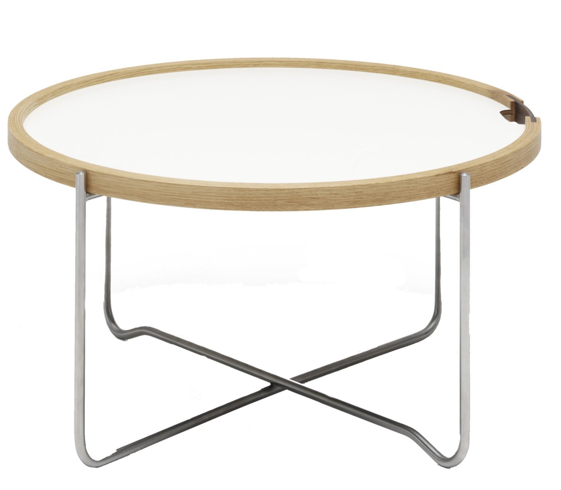 CH417 Tray Table von Carl Hansen: Runder Beistelltisch mit weißer Tischplatte und Stahlgestell.