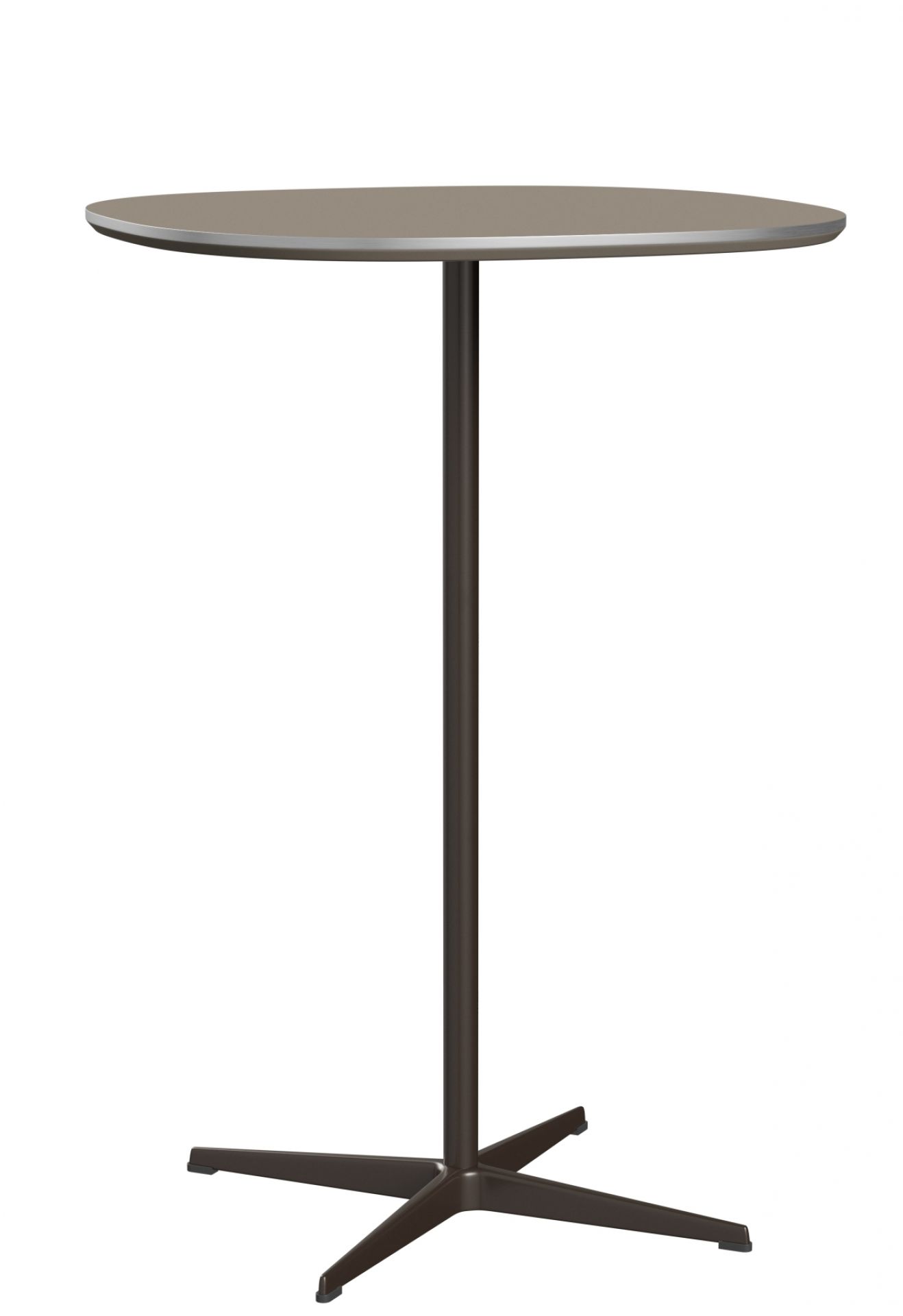 Zirkular Stehtisch von Fritz Hansen, runder Bistrotisch in Taupe mit braunem Metallfuß für Büro und Gastronomie.