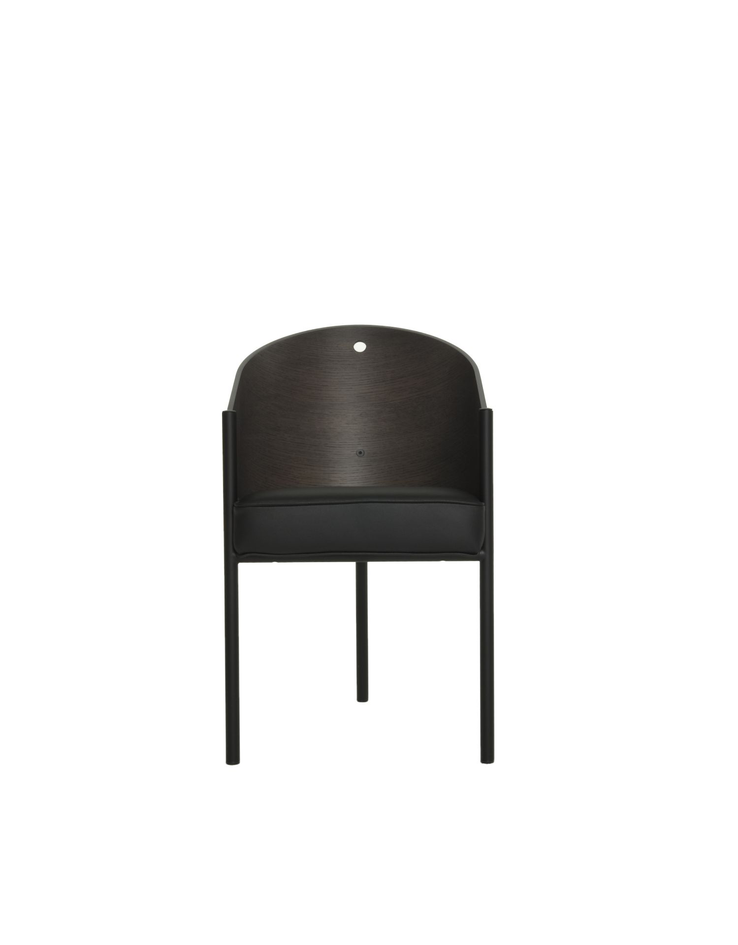 Costes Armlehnstuhl von Driade, schwarzes Leder, dunkles Holz, modernes Design, bequemer Sitz.