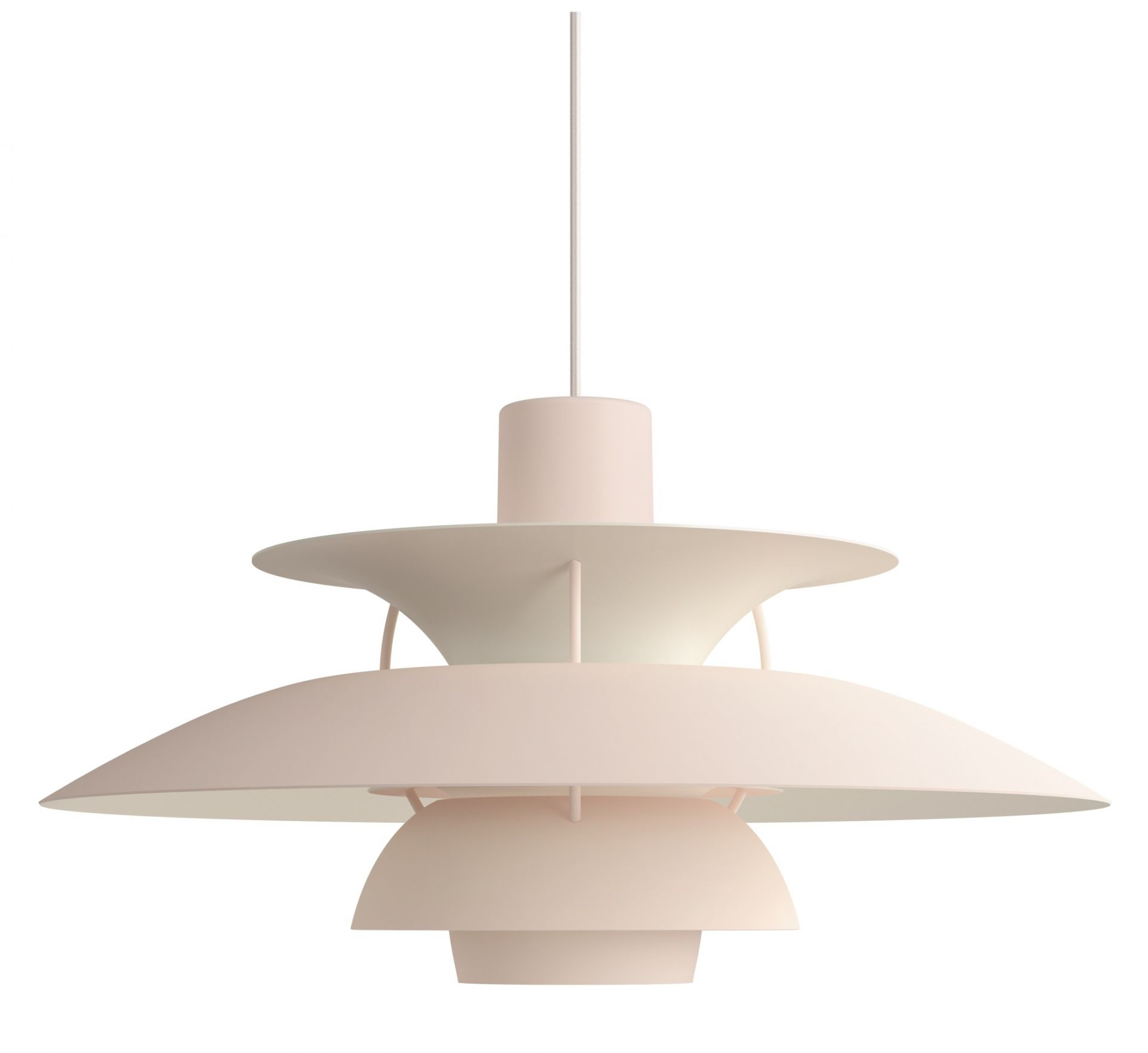 PH 5 Pendelleuchte von Louis Poulsen in zartem Rosa, modernes Design für Wohnraumbeleuchtung.