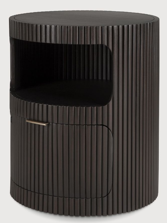 Dunkelbrauner, runder Ethnicraft Rollcontainer mit Schublade und offenem Fach. Modernes Design.