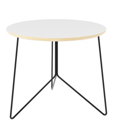 Müller Möbelwerkstätten Miro Beistelltisch: Runder, weißer Tisch mit filigranem, schwarzem Metallgestell.
