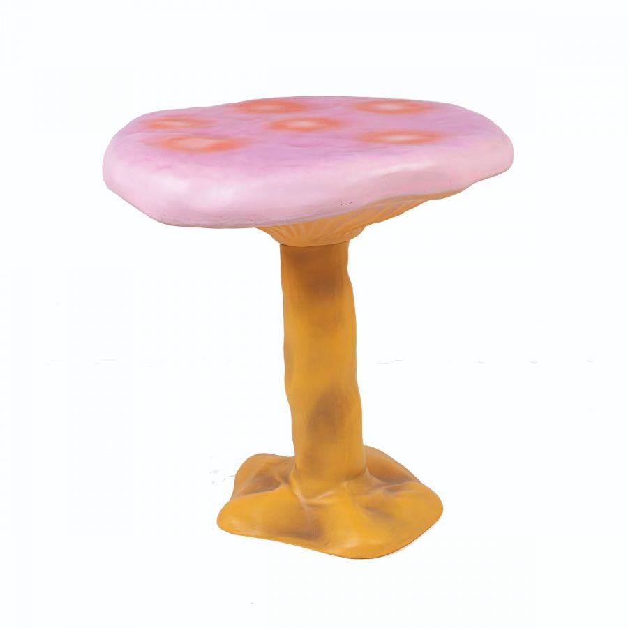 Amanita Beistelltisch von Seletti: Pilzförmiger Tisch in Rosa und Gelb. Designmöbel.