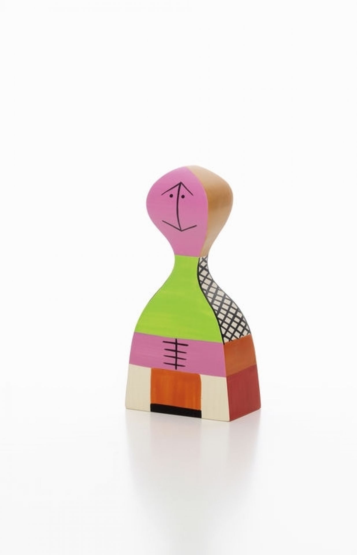 Holzfigur Vitra Wooden Doll No 19, dekorative bunte Holzpuppe mit abstraktem Gesicht und geometrischen Mustern.