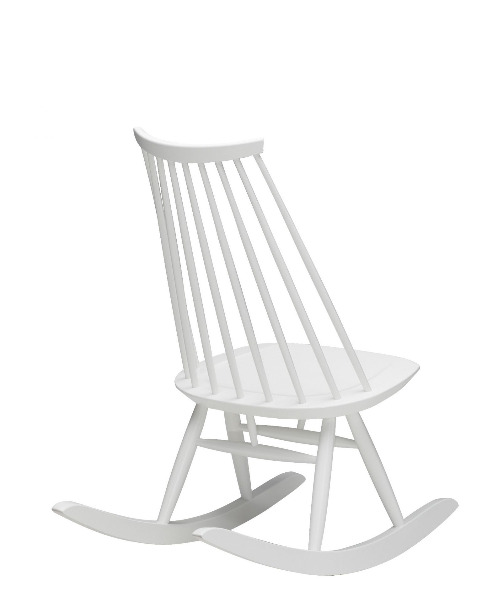 Weißer Mademoiselle Schaukelstuhl von Artek, modernes Design mit filigraner Rückenlehne und sanften Schwung.